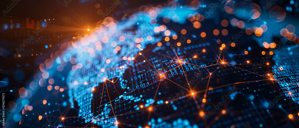 Poster glowing holographic globe displaying intricate network connections, symbolizing global communication