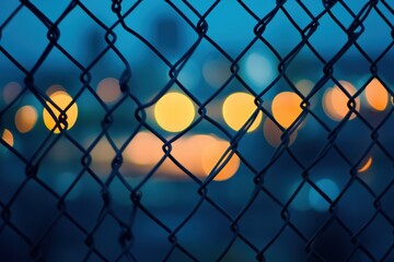 Closeup of a chainlink fence with blurred city lights urban environment photography night viewpoint conceptualizing connection and security
