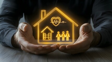 Innovative insurance design featuring glowing icons representing health family and home all protected by the professional hands of a businessman  This image conveys the concepts of safety security