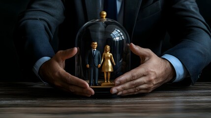 Insurance Agent Carefully Cradling a Golden Figurine Representing a Family s Financial Security and Peace of Mind Under a Protective Dome