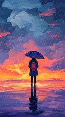 Solitary figure, umbrella, rain, sunset, reflection.