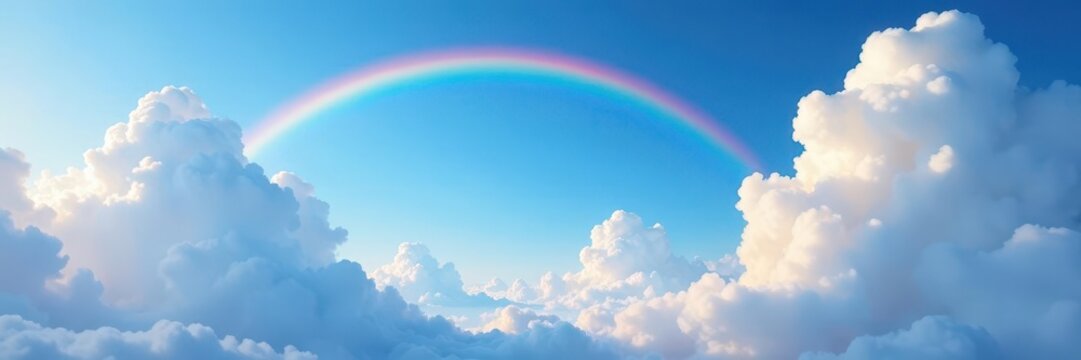 Clouds and rainbow stretching across a bright blue sky ,  colorful,  sky,  sunny