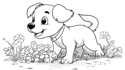 Black and white puppy surrounded by flowers ready for kids to color