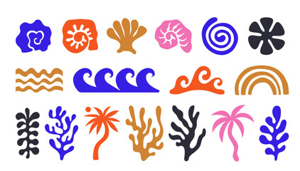 Vector modern art print elements in simple floral wavy and groovy naive style, ocean and vacation theme, flowers and plants, floral botanic hand drawn design templates, modern art prints
