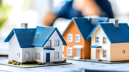 Miniature housing models and apartment building prototypes arranged on a desk with a blurred figure in the background emphasizing the concept of strategic planning for urban development