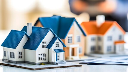 Miniature housing models and apartment building prototypes displayed on a desk with a blurred figure in the background
