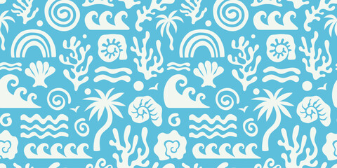 Vector seamless pattern in simple floral wavy and groovy naive style, ocean and vacation theme,  flowers and plants, floral botanic hand drawn design templates, modern art prints, surface design © venimo