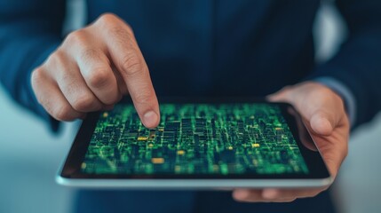 A close-up of a business professional using a tablet, showcasing a digital interface with complex data and green circuitry patterns, symbolizing innovation.