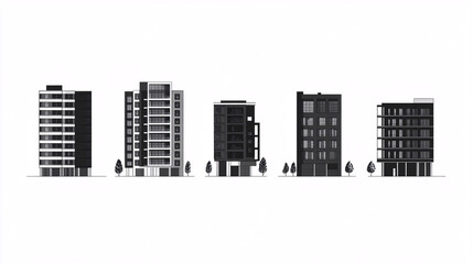 A collection of five modern urban buildings illustrated in a sleek black and white silhouette style featuring architectural details and tree elements
