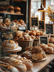 warm and inviting bakery scene showcases rustic breads and pastries, each crumb and crust testament to art of baking, enticing customers with their delightful appearance