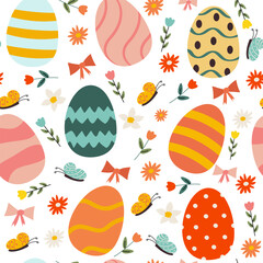 Seamless Easter pattern featuring colorful flat-style Easter eggs and delicate flowers on a cheerful background. This festive design is perfect for holiday wrapping paper, textiles, greeting cards, an