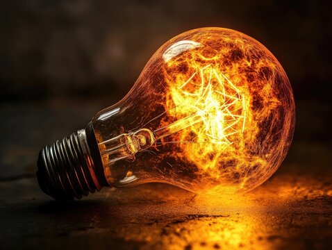 Glowing Filament: A Bright Idea Illuminated in Golden Hues with Darkness - Powered by Adobe