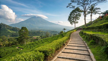 Obraz premium A picturesque tea plantation with a volcanic backdrop