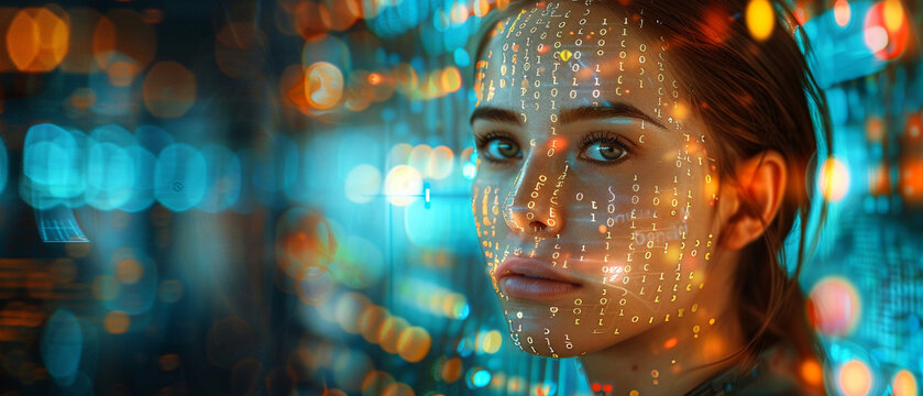 Cyberpunk female character with digital code on her face, showcasing artistic blend of human features and advanced technology, set against backdrop of holographic data - Powered by Adobe