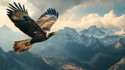 Majestic Eagle Soaring Above Snowy Mountain Peaks