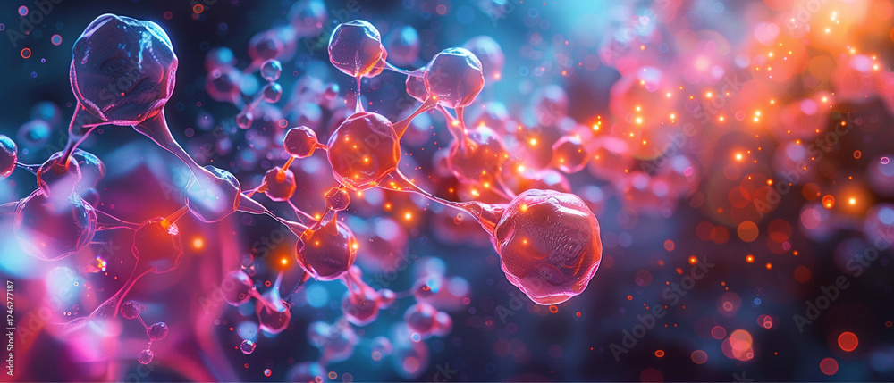 Poster vibrant interconnected molecules create abstract representation of chemical reactions and biological