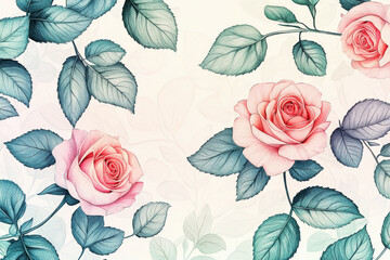 Delicate hand-drawn floral pattern featuring pink roses and green leaves on a soft pastel background