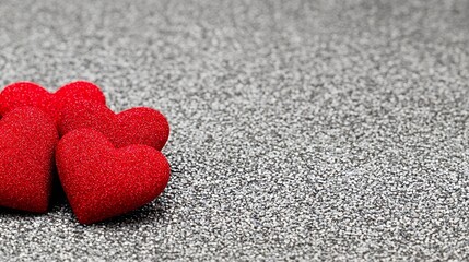 Fototapeta premium Red Glitter Hearts on Sparkling Silver Background