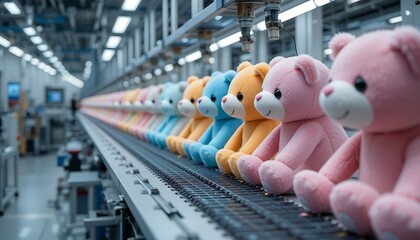 A high-tech factory assembly line producing soft plush toys with automated precision and attention to detail.
