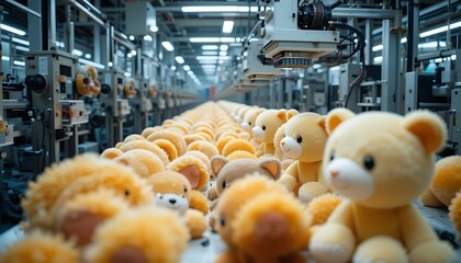 A high-tech factory assembly line producing soft plush toys with automated precision and attention to detail.
