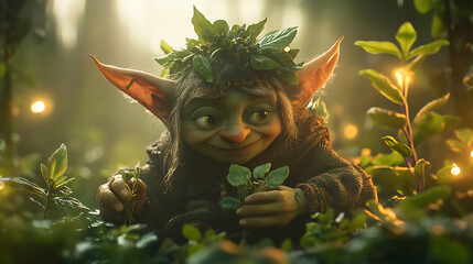 Goblin gathering herbs in a magical forest at twilight, with glowing plants and soft ethereal lights