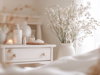 Fototapeta premium Elegant Spa Essentials on a White Nightstand with Delicate Flowers