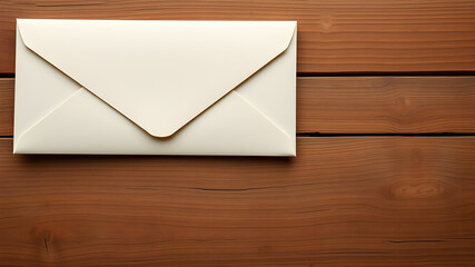 Old letter envelope on wooden table, top view. Space for text. Generative AI