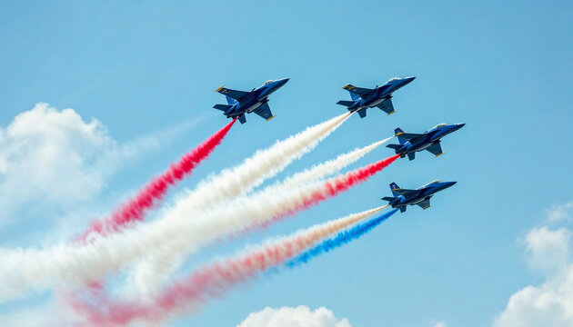 Four blue jets execute a precision maneuver, leaving tricolor smoke trails in clear skies.