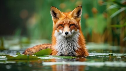 Fototapeta premium Majestic red fox emerging from tranquil waters surrounded by lush greenery in a serene environment