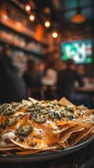 Melted cheese nachos at a lively fastfood sports bar