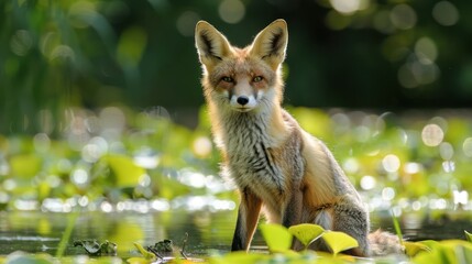 Fototapeta premium A majestic fox sitting gracefully by a serene pond surrounded by lush green foliage