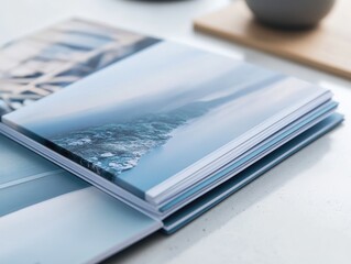Open photobook displaying beautiful ocean scenes in calming blue tones
