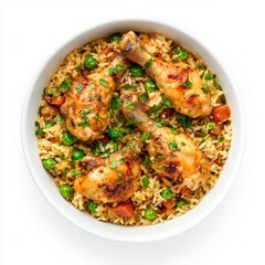 Roasted chicken drumsticks, rice, peas, studio shot, food photography, recipe