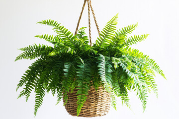 Fototapeta premium Hanging fern in natural woven basket with vibrant green fronds against clean white background