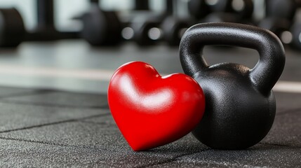 Red Heart and Black Kettlebell on Dark Gym Floor