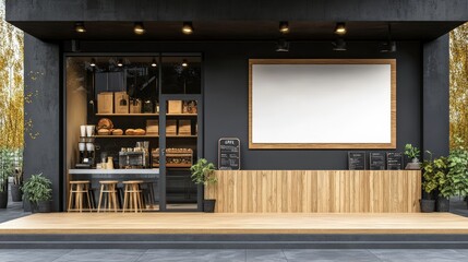 Modern outdoor coffee bar with blank menu board, showcasing fresh sandwiches and pastries, inviting atmosphere for customers in urban setting