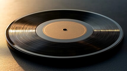 Obraz premium Close-up of a spinning vinyl record on a smooth surface with warm lighting, evoking nostalgia