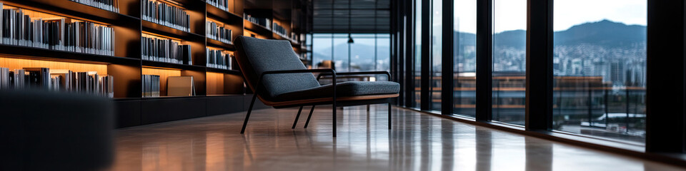 Fototapeta premium Armchair in Modern Library with City View