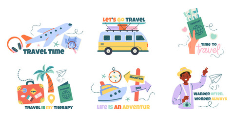 Travel set of label, badge design with lettering