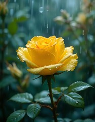 Vibrant yellow rose covered in raindrops, showcasing its delicate petals and lush green leaves in a serene, fresh atmosphere. Perfect for themes of beauty, nature, and tranquility.