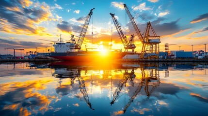 Fototapeta premium Refined industrial port scene with towering cranes and freight ships elegantly composed under a wide angle perspective and golden hour glow creating a captivating and atmospheric landscape