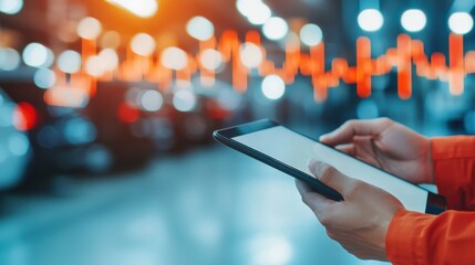 A close-up of a person holding a tablet with digital heartbeat graphics overlay, set against a blurred urban background. Modern health digitization.