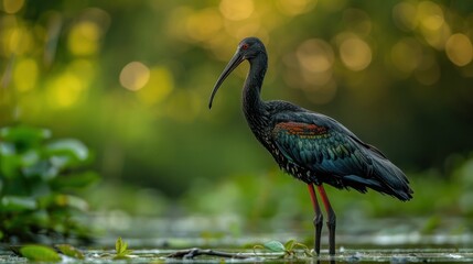 Naklejka premium A striking black ibis stands gracefully in a serene wetland, surrounded by lush greenery and soft bokeh