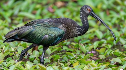 A striking bird with iridescent feathers wades through lush green vegetation by a serene waterway