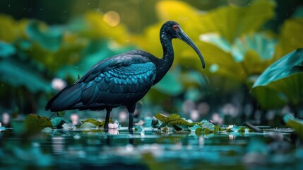 Naklejka premium A striking black ibis stands amidst lush green lily pads in a serene wetland, with soft rain