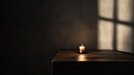 Dimly lit room with a flickering candle, casting gentle shadows on a wooden table, symbolizing a sudden power outage and peaceful stillness.