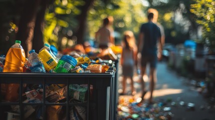 Naklejka premium Sorted recycling bin with family silhouettes in background