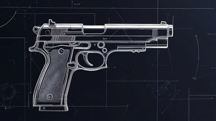 A futuristic digital blueprint of a semi-automatic handgun showcases precise technical details on a dark background for a modern design concept  
