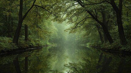 Fototapeta premium Misty forest river reflection, tranquil scene, nature background, ideal for relaxation
