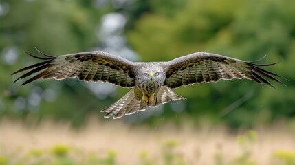 Fototapeta premium Majestic hawk soaring through lush green landscape, showcasing its powerful wings in flight